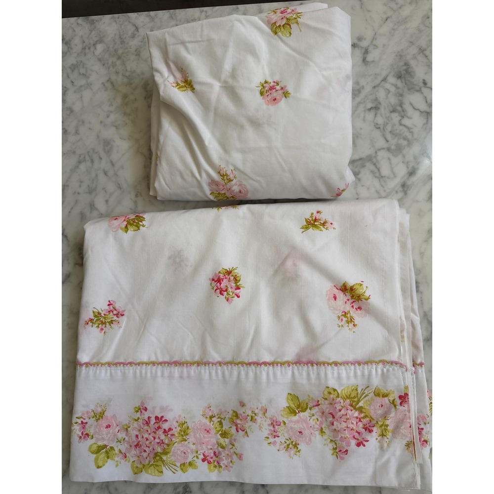 Vintage Montgomery Ward Twin Sheet Set Pink Floral Rosebud Percale Flat Fitted